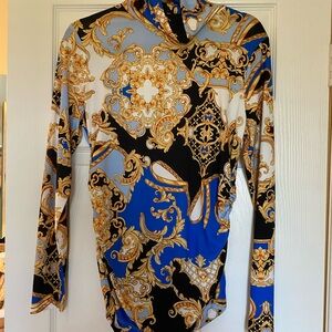 Boston Proper Blue and Gold Graphic Long Sleeve Blouse